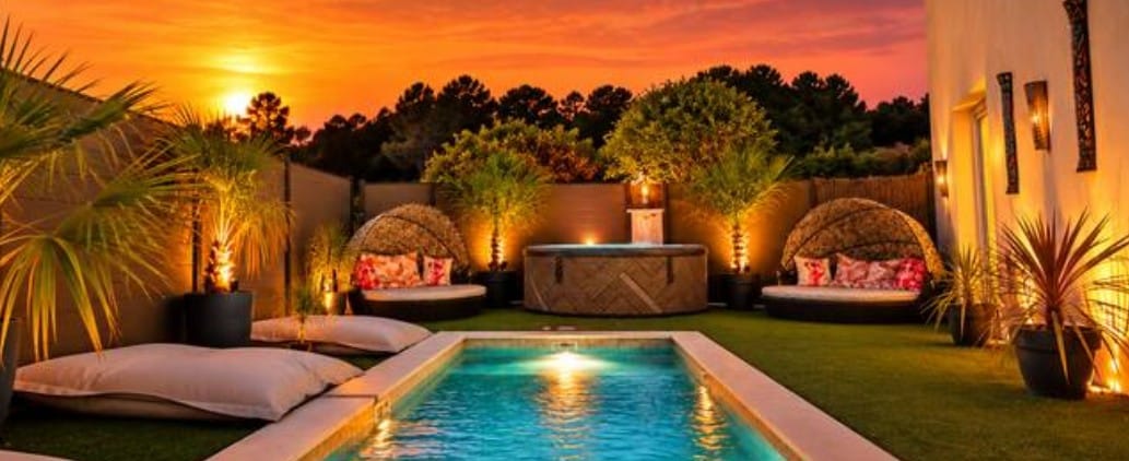 Jacuzzi de la villa au coucher du soleil à Figanières, lieu de la journée bien-être dans le Var