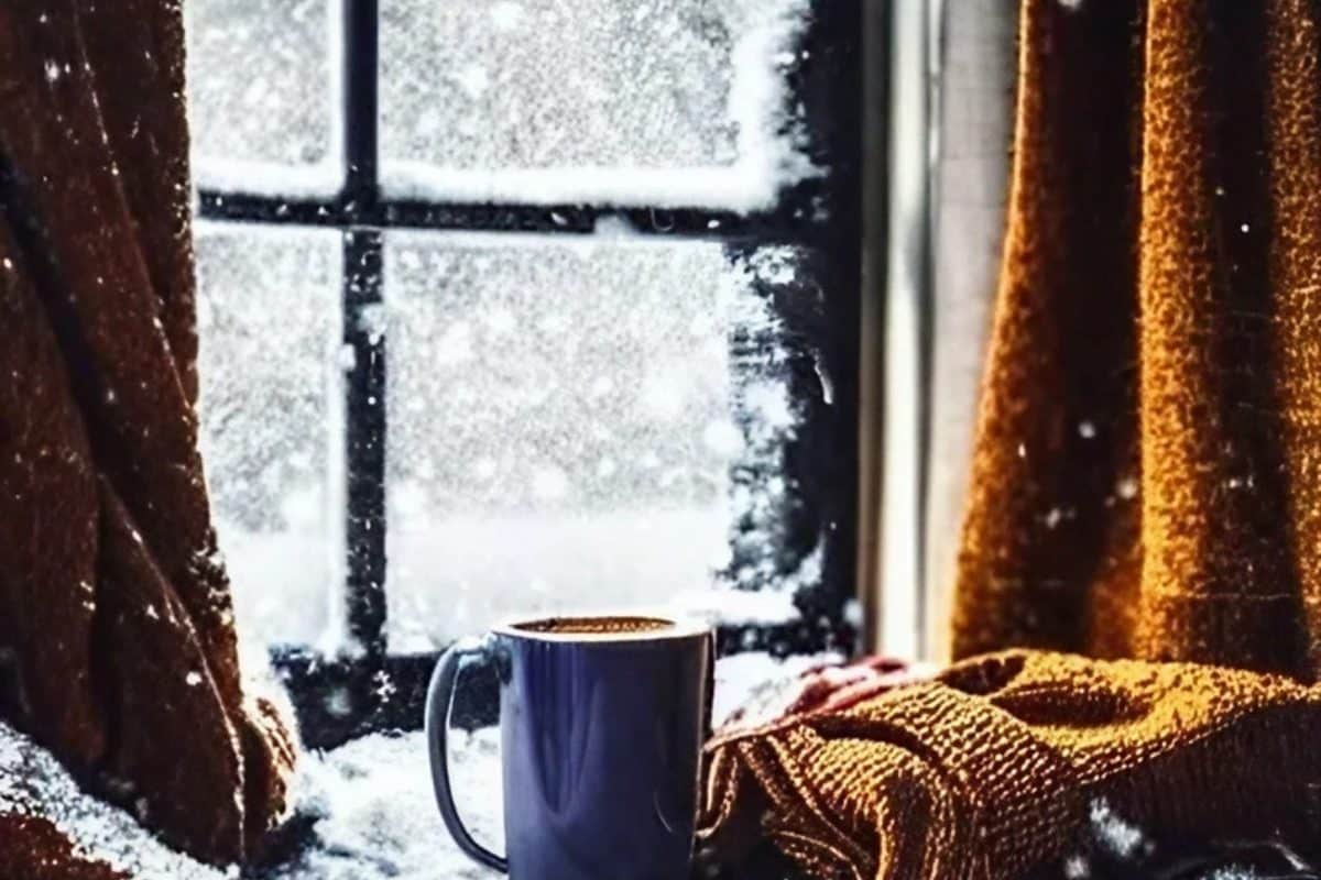 Tasse chaude près d’une fenêtre en hiver
